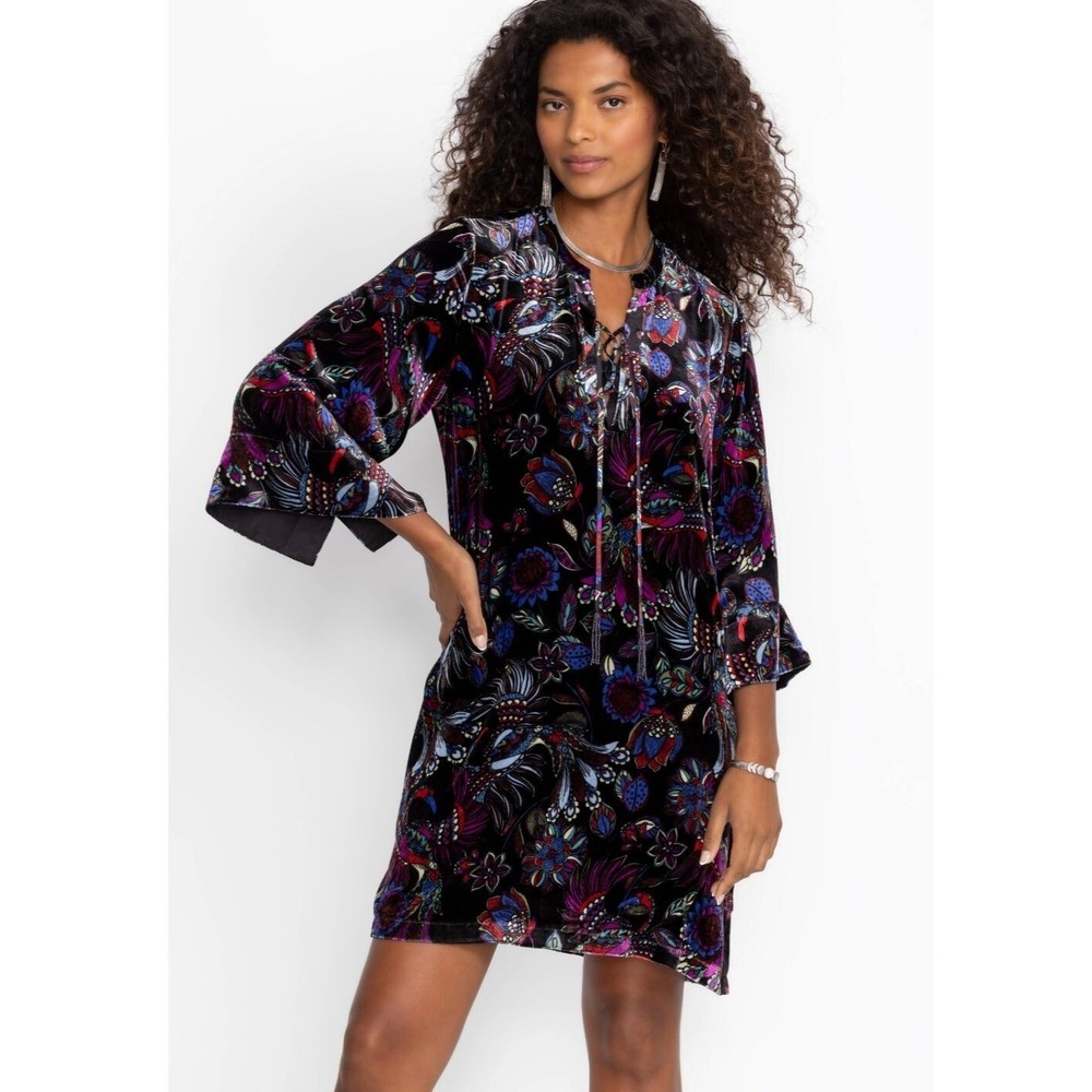 Johnny Was Avya Tie Front Kimono Dress S Velvet Silk Blend Floral Boho NWT